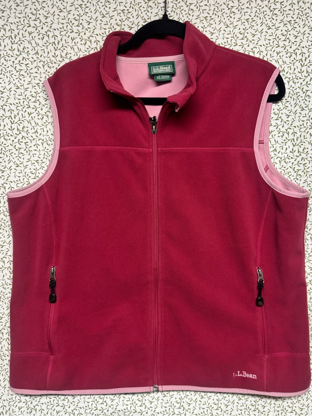 L.L. Bean Raspberry Pink Fleece Vest with Light Pink Trim